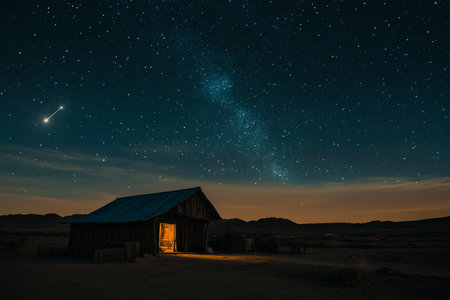 A silhouette of the stable in the quiet desert, illuminated by a bright comet in the starry sky, creating a powerful contrast between the darkness of the night and the divine lightの素材