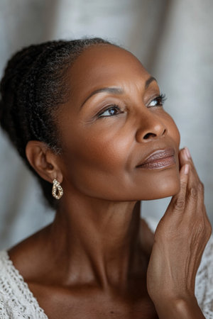 A middle-aged African American woman with luminous, healthy skin caressing her jawline, showing a natural beauty routine. The setting features soft ambient lighting and a blurred neutral backdrop to enhance focusの素材