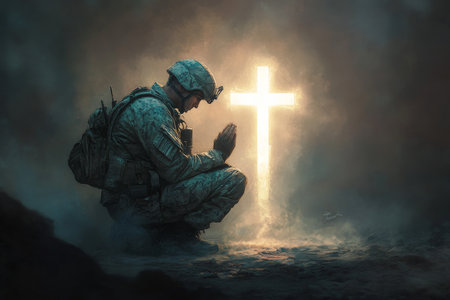 A digital painting of a soldier in full military gear, kneeling in prayer before a luminous cross. The scene is bathed in soft light, with the cross casting a powerful glow, representing the soldierÃ¢â¬â¢s faith and inner peace in the midst of conflict.の素材
