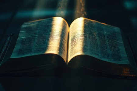A close-up of an open Bible on a dark, nearly black background. Rays of light shine down from above, casting a heavenly glow on the pages, highlighting the sacred words and creating a sense of divine inspiration and peace.の素材