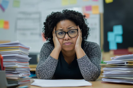 A middle-aged African American teacher woman sitting at her desk, her hands on her face, surrounded by stacks of assignments and an unclean whiteboard in the backgroundの素材