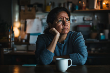 A Hispanic teacher senior woman sitting in a dimly lit staff room, staring blankly at a cup of coffee, her slouched posture showing deep frustrationの素材