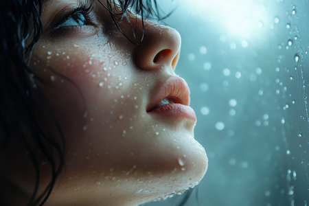 An emotional close-up portrait of a young Biblical woman, gazing upwards as the rain falls. Her face is illuminated by a soft light, her expression a mix of longing and hope. The raindrops on her face add a sense of purity and connection to a higher power.の素材