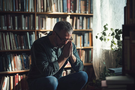 A man in casual clothes and eyeglasses, kneeling in prayer near a bookshelf filled with books. Soft light filters in through the window, casting gentle shadows as the man bows his head in devotion, creating a peaceful, introspective moment in his home.の素材