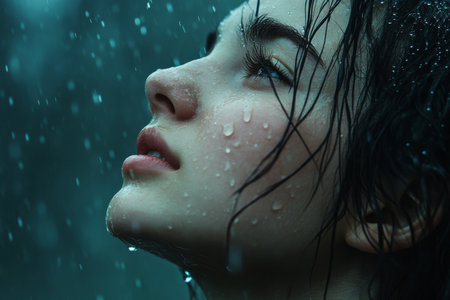 A close-up portrait of a young Biblical woman, her face upturned toward the heavens, raindrops falling gently on her skin. Her expression is one of deep emotion, filled with hope and reverence, as the rain creates a sense of purification and connection to the divine.の素材
