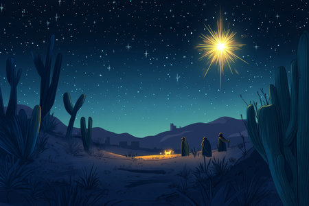 A digital illustration of the Star of Bethlehem shining brightly in the night sky, casting a divine glow over the desert landscape. The star guides the Three Wise Men towards the manger, with soft Christian symbols subtly integrated into the sceneの素材