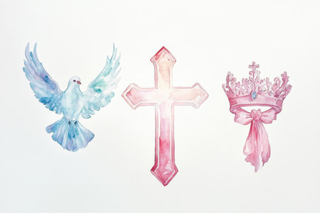 The symbols of the Holy Trinity Ã¢â¬â a cross, a dove of the Holy Spirit, and a crown Ã¢â¬â depicted in watercolor, with soft gradients and light hues set against a white backdrop. The blending delicate of colors emphasizes the divine connection of these Christian symbolsの素材