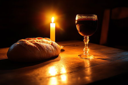 An elegant scene showing a loaf of bread and a chalice of wine on a polished wooden table. The soft glow of candlelight highlights the symbols of the body and blood of Christ, creating a tranquil and spiritual atmosphere for the Holy Communion.の素材