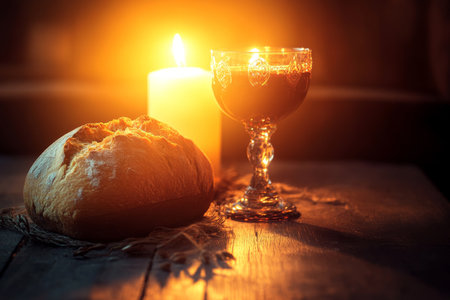 An elegant scene showing a loaf of bread and a chalice of wine on a polished wooden table. The soft glow of candlelight highlights the symbols of the body and blood of Christ, creating a tranquil and spiritual atmosphere for the Holy Communion.の素材