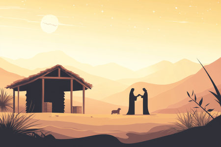 A minimalist vector illustration of the nativity scene, featuring Mary and Joseph adoring baby Jesus in a humble stable. The background is simple and clean, with soft, warm tones that emphasize the peaceful and holy atmosphere of the birth of Christの素材