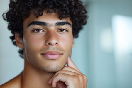 A young Brazilian man with smooth, hydrated skin looking confidently into the camera while lightly touching his chin. His serene expression conveys a skincare-focused lifestyle in a modern, clean settingの素材