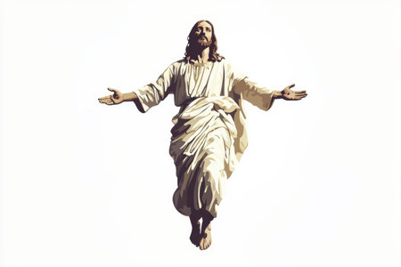 A digital illustration of Jesus Christ in a standing position, with arms slightly outstretched, symbolizing openness and love. The white background creates a clean and sacred feel, highlighting his divine figure.の素材