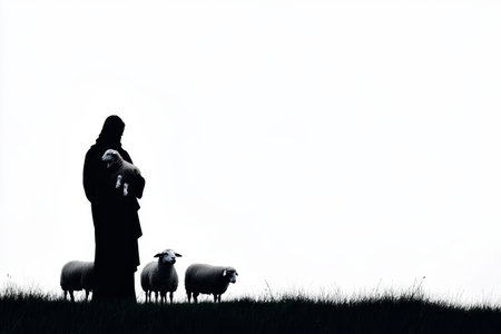A beautiful, clean silhouette of Jesus gently holding a lamb, with a few sheep behind him, all set against a white background. The figure stands in a peaceful, protective pose, with room for text or a personal message.の素材