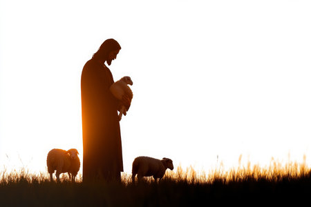 A beautiful, clean silhouette of Jesus gently holding a lamb, with a few sheep behind him, all set against a white background. The figure stands in a peaceful, protective pose, with room for text or a personal message.の素材