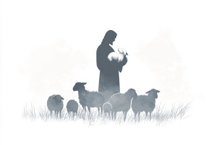 A minimalist digital illustration of the silhouette of Jesus holding a lamb, surrounded by a flock of sheep. The clean white background offers a serene, holy atmosphere, with plenty of space for text or messages.の素材