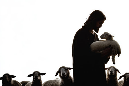 A powerful silhouette of Jesus holding a lamb, with a group of sheep standing behind him. The contrast of the dark silhouette against a pure white background creates a sense of peace and compassion. There is ample copy space around the figures.の素材