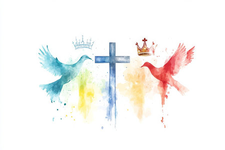 A vector-style watercolor depiction of the Holy Trinity, featuring a cross, a crown, and a dove symbolizing the Father, Son, and Holy Spirit, with soft washes of color against a minimalist white background, conveying spiritual balance and purityの素材