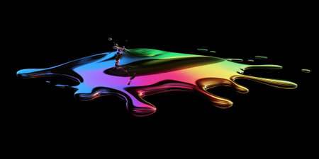 Fluid hologram effect, showing melting rainbow colors cascading over a black background. Surface appears three-dimensional with a glossy finish.の素材