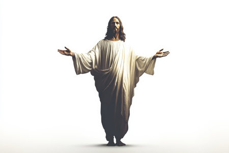 A digital illustration of Jesus Christ in a standing position, with arms slightly outstretched, symbolizing openness and love. The white background creates a clean and sacred feel, highlighting his divine figure.の素材