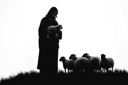 A powerful silhouette of Jesus holding a lamb, with a group of sheep standing behind him. The contrast of the dark silhouette against a pure white background creates a sense of peace and compassion. There is ample copy space around the figures.の素材