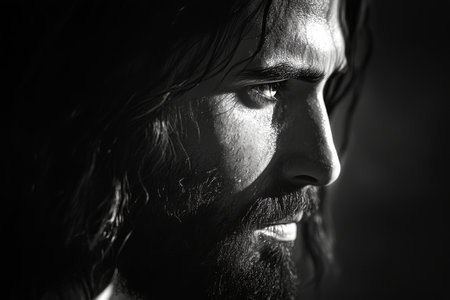 A bold black and white digital portrait of Jesus Christ, focusing on His intense yet calm expression. The use of shadows and light contrasts sharply, emphasizing His divine authority and loving nature, while the monochrome tones add emotional depth to the image.の素材