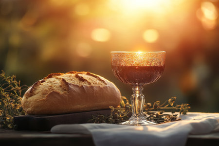 A symbolic representation of the Holy Communion with a loaf of bread and a chalice of wine on an altar. The setting is peaceful, with warm, soft light highlighting the sacred symbols of Christ's body and blood, evoking a sense of solemnity and reverence.の素材
