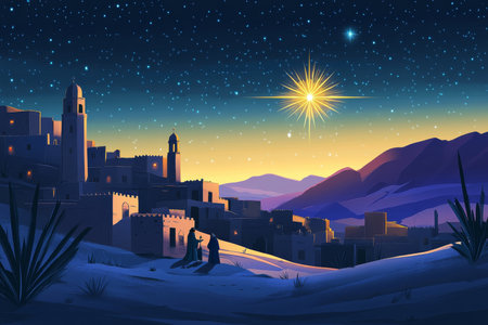 A digital illustration of the Star of Bethlehem shining brightly in the night sky, casting a divine glow over the desert landscape. The star guides the Three Wise Men towards the manger, with soft Christian symbols subtly integrated into the sceneの素材
