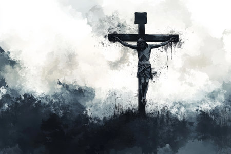 The Crucifixion scene in digital watercolor, with muted tones showing Jesus on the cross, his head bowed; the somber atmosphere heightened by a stormy, cloud-filled skyの素材
