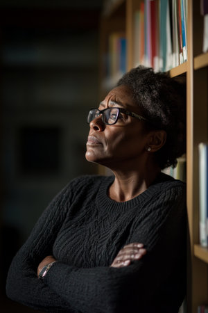 A senior African American teacher woman leaning against a bookshelf in a dimly lit classroom, her arms crossed and her face reflecting disappointment and sadnessの素材