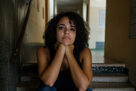 A young Brazilian teacher woman sitting on the steps of an empty hallway, looking sad as she rests her chin on her hands, with the dimly lit school corridor extending behind herの素材