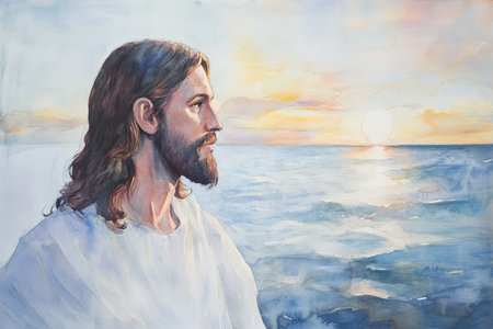 Jesus with a peaceful expression, standing in front of a calming sea at dawn. The watercolor uses soft blues, whites, and pale yellows to convey serenity, spiritual guidance, and divine peace.の素材