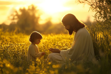 A tranquil scene of Jesus teaching a child in a field, with the sun setting behind them. Soft golden tones and the calm green grass represent peace, wisdom, and divine love.の素材
