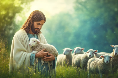 Jesus holding a lamb, surrounded by a flock of sheep in a field. The soft greens and blues of the background represent peace and divine protection, as he gazes lovingly at the sheep.の素材