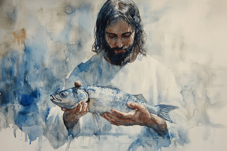 Jesus holding a fish, offering it to his disciples after the resurrection. The watercolor uses cool blues and soft grays to create a peaceful, reflective atmosphere of renewal and divine revelation.の素材