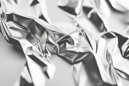 A crumpled aluminum foil surface with intricate folds and high-shine highlights, perfect for dynamic visuals.の素材