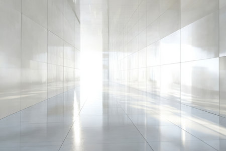 A high-gloss reflective metal wall with smooth, seamless panels, ideal for clean and minimal designs.の素材