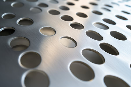 A perforated aluminum background with evenly spaced circular holes and a clean, modern appearance.の素材