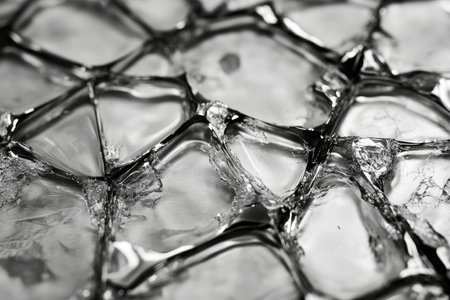 Shattered glass texture, intricate spiderweb-like cracks with a combination of sharp edges and smooth reflectionsの素材