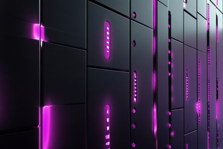 A futuristic titanium wall with glowing purple patterns and sharp, sleek details, perfect for sci-fi concepts.の素材