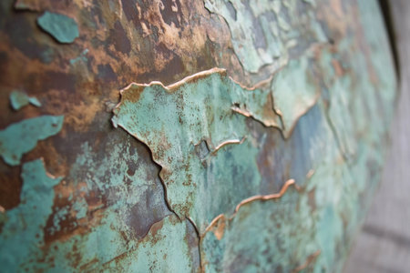 A weathered copper sheet with dramatic patina patterns and a blend of green and brown hues.の素材
