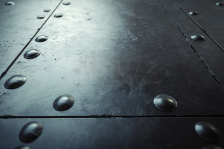 A riveted industrial plate with visible seams, scratches, and a heavy-duty metallic finish.の素材