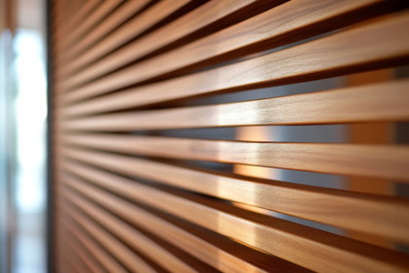 A contemporary wooden slatted wall background with evenly spaced horizontal planks, offering a modern and structured aesthetic for a chic interior design.の素材