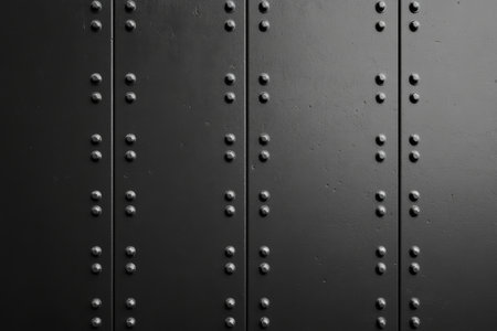 A riveted metal panel background with evenly spaced bolts and visible seams, offering a robust and durable industrial look.の素材