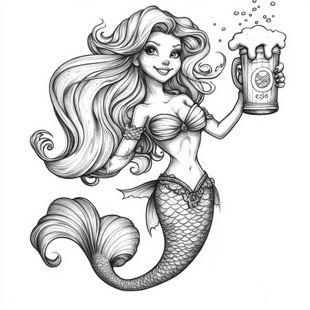 A cheerful mermaid with flowing hair, holding a frothy beer mug high in one hand, her tail curling playfully. The sketch engraving combines nautical whimsy with a lively pub theme, rendered in intricate black-and-white linework.の素材