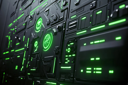 A futuristic metal panel with glowing green symbols and a high-tech industrial design.の素材