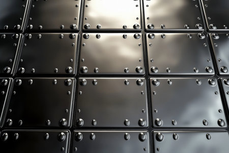 A seamless metal tile background with uniform patterns and a shiny, reflective finish, creating a clean and contemporary aesthetic.の素材