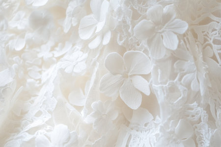 Intricate lace fabric texture, delicate floral patterns in soft white threads, detailed and airyの素材