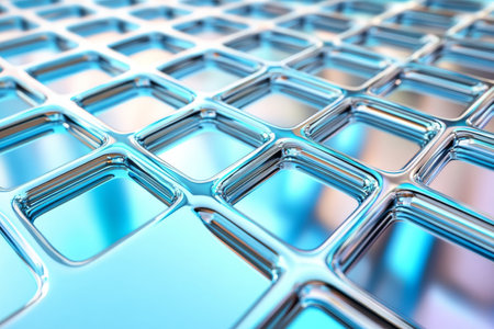 A futuristic chrome grid with glowing blue highlights and clean geometric details, ideal for sci-fi aesthetics.の素材