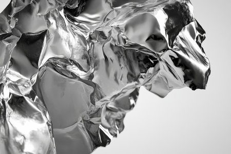 A crumpled aluminum foil surface with intricate folds and high-shine highlights, perfect for dynamic visuals.の素材