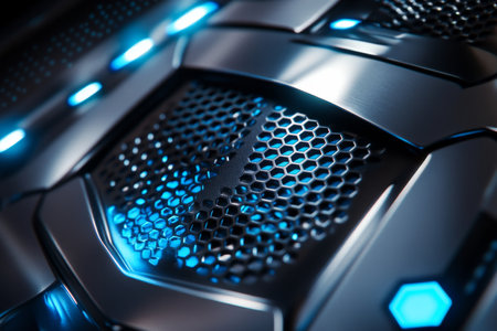 A futuristic metal surface with hexagonal patterns and metallic blue highlights, perfect for tech-inspired concepts.の素材